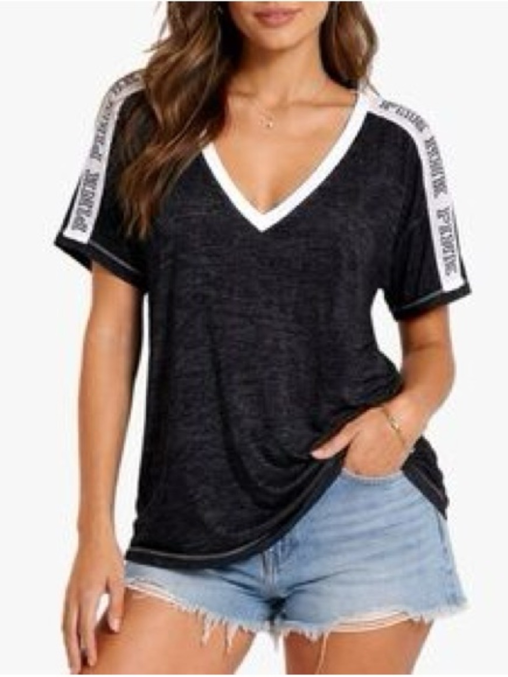 PINK Victoria's Secret Women's Black Burnout V-Neck Logo Short Sleeve Top